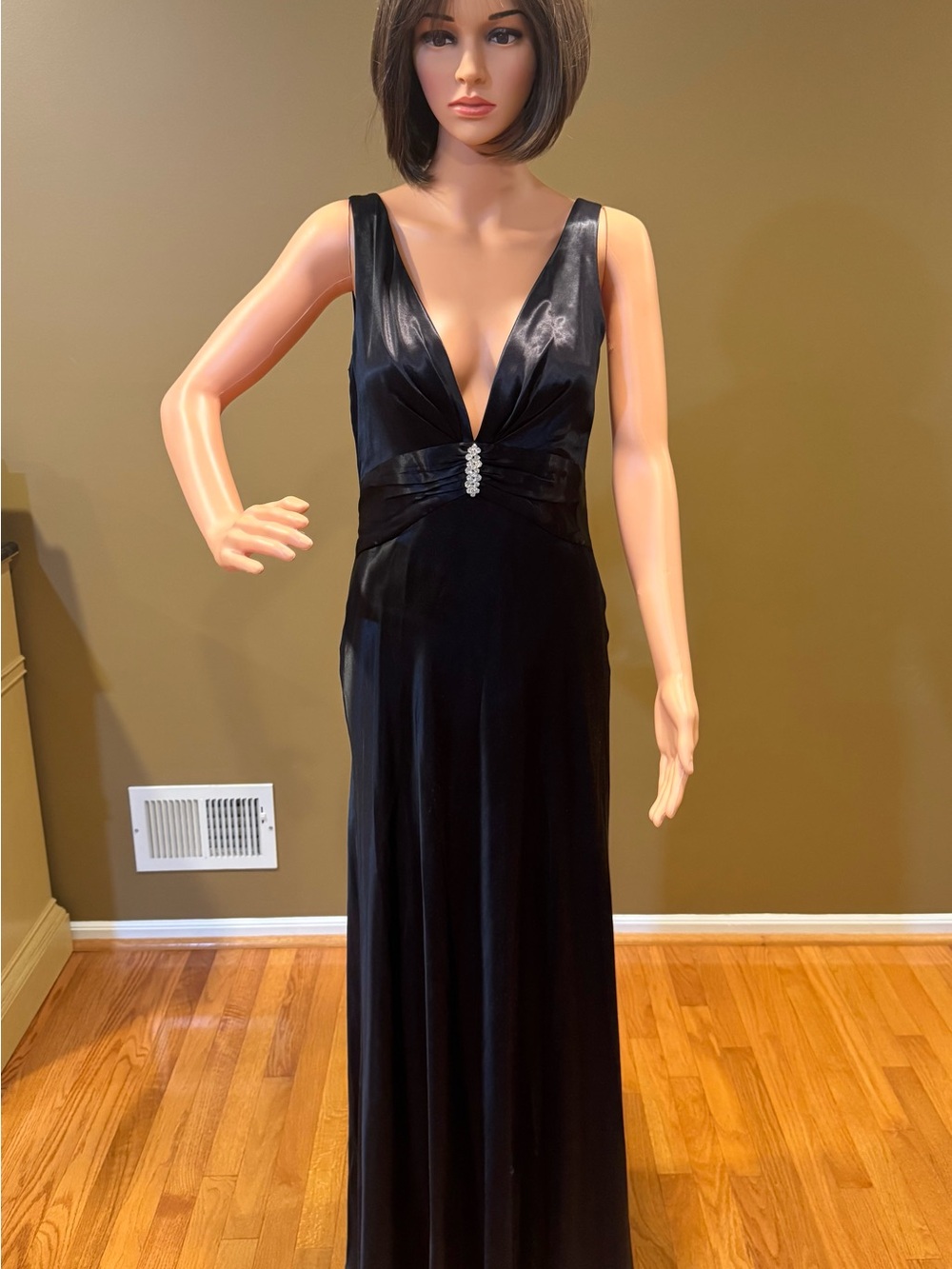 Morgan & Co. Black Satin Deep V Evening Gown with Rhinestone Accent